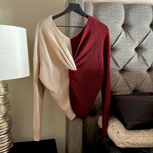 Colorblock twisty knot sweater burgundy & cream!